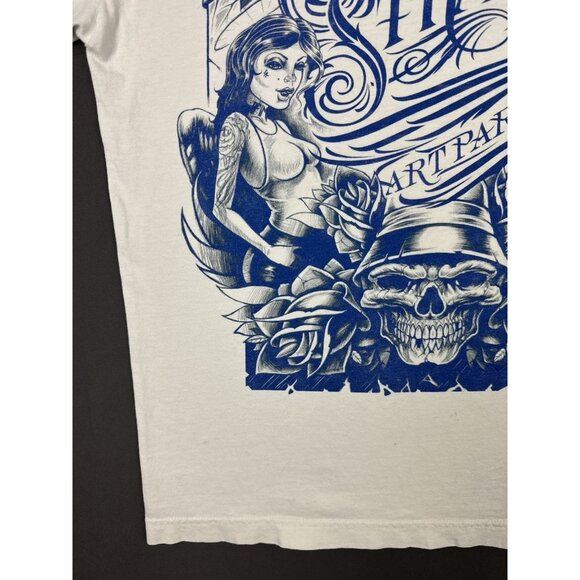 Vintage Y2K Famous Stars And Straps Art Parlor Tattoo Skull Lady White Large Tee - Picture 9 of 16
